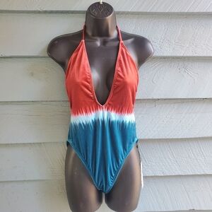The Bikini Lab Halter One-Piece Swimsuit - Rust & Teal Tie-Dye Velour